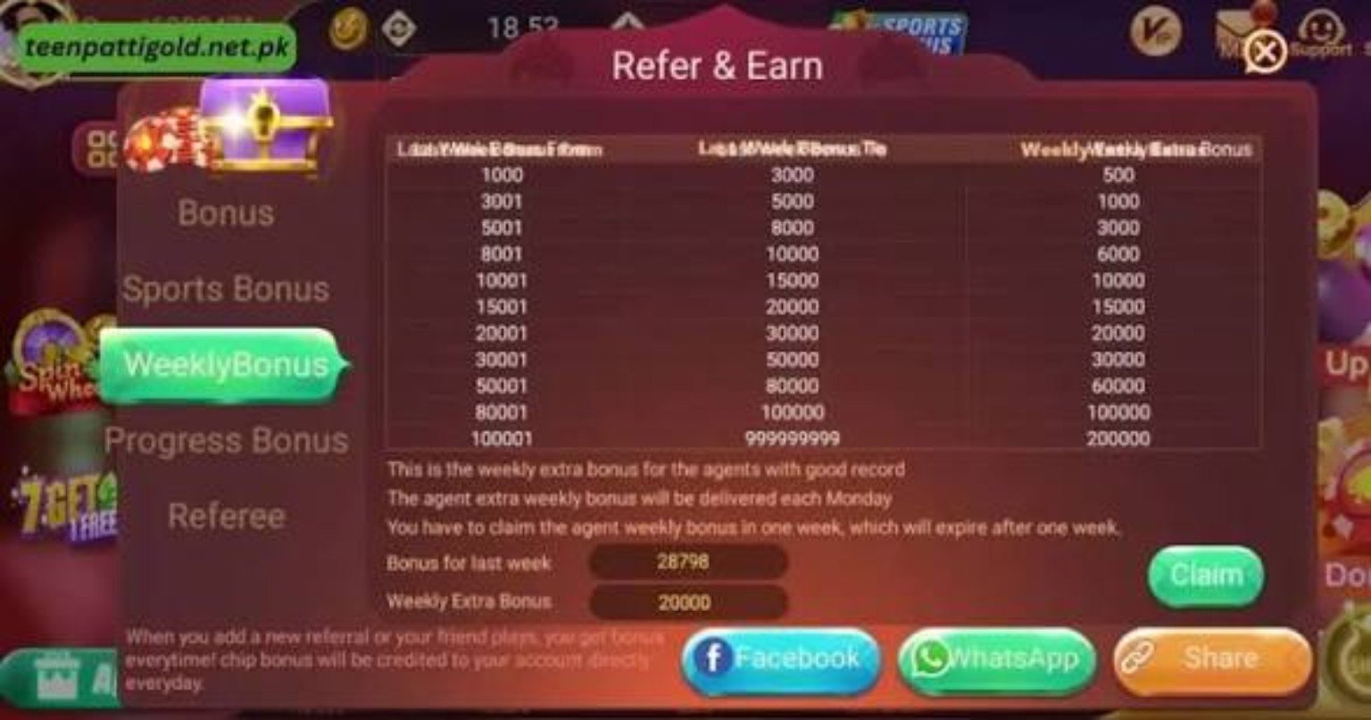 3 Patti Gold weekly bonus screen